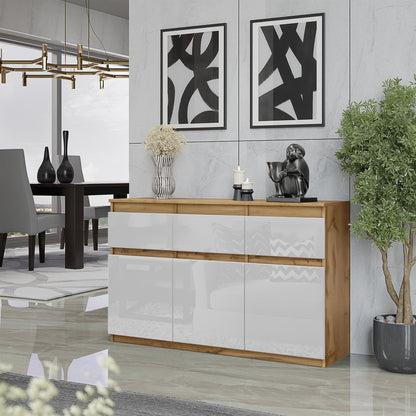 NOAH - Kommode / Sideboard mit 3 Schubladen und 3 Türen - Wotan Eiche / Weiß Gloss H75cm B120cm T35cm