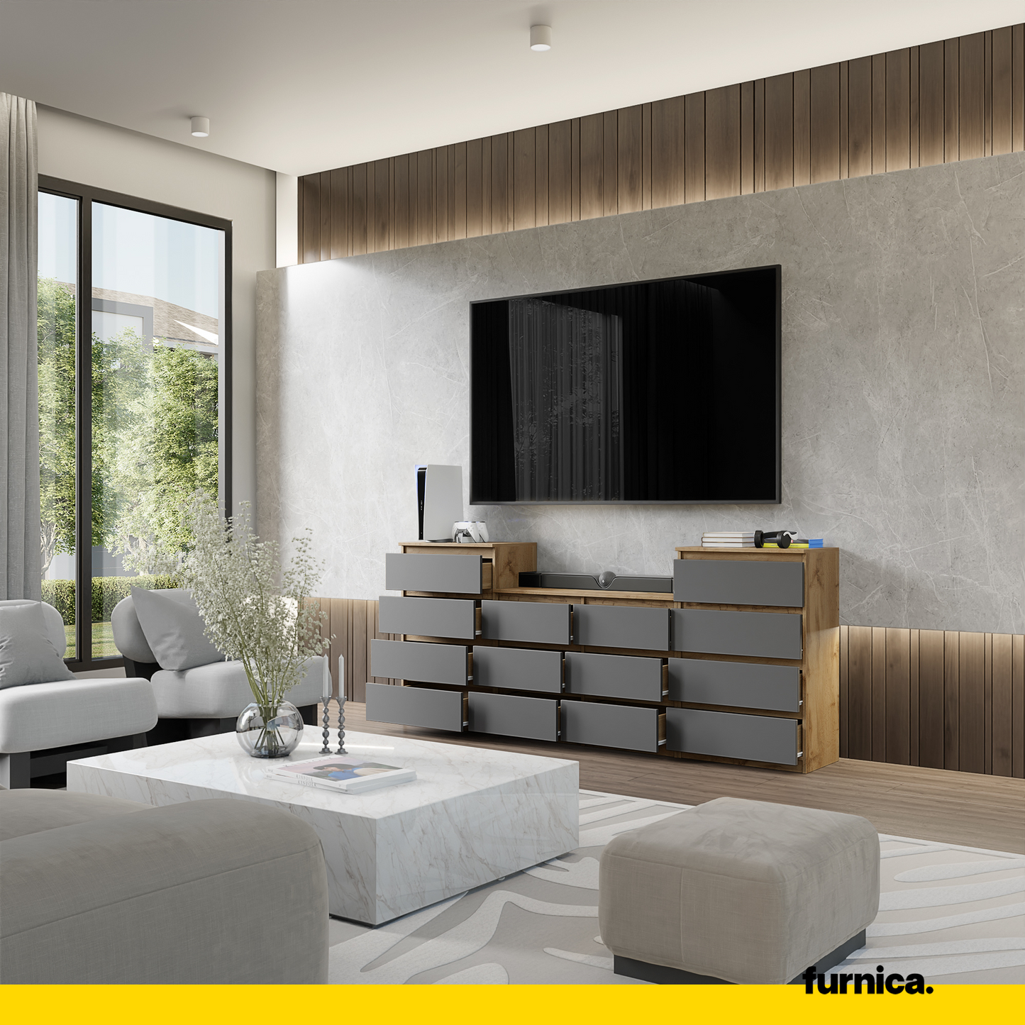 GABRIEL - Kommode / Sideboard mit 14 Schubladen (4+6+4) - Wotan Eiche / Anthrazit H92/70cm B220cm T33cm