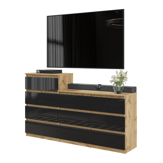 GABRIEL - Kommode / Sideboard mit 10 Schubladen (6+4) - Wotan Eiche / Schwarz Gloss H92/70cm B160cm T33cm