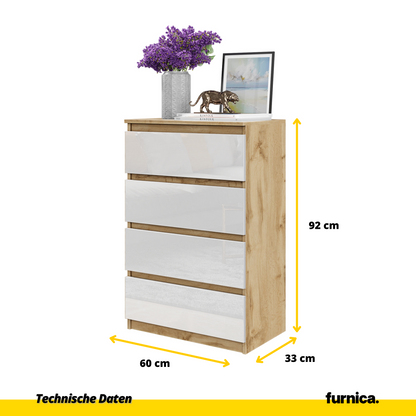 GABRIEL - Kommode / Sideboard mit 4 Schubladen - Wotan Eiche / Weiß Gloss H92cm B60cm T33cm