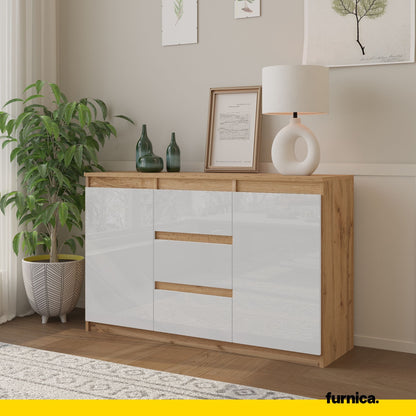 MIKEL - Kommode / Sideboard mit 3 Schubladen und 2 Türen - Wotan Eiche / Weiß Gloss H75cm B120cm T35cm