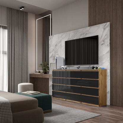 GABRIEL - Kommode / Sideboard mit 12 Schubladen (8+4) - Wotan Eiche / Schwarz Gloss H92cm B180cm T33cm