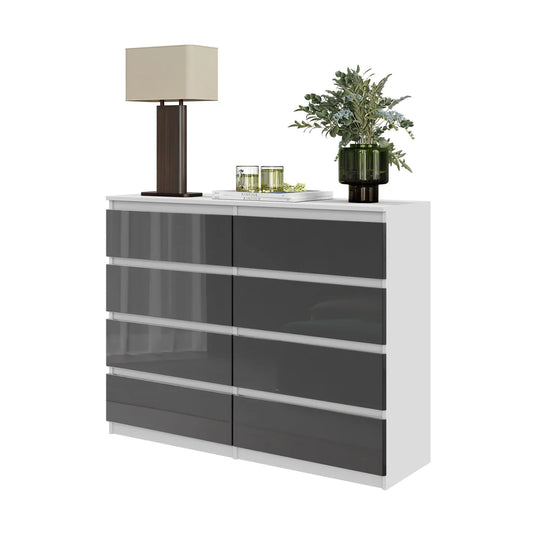 GABRIEL - Kommode / Sideboard mit 8 Schubladen - Weiß Matt / Anthrazit Gloss H92cm B120cm T33cm