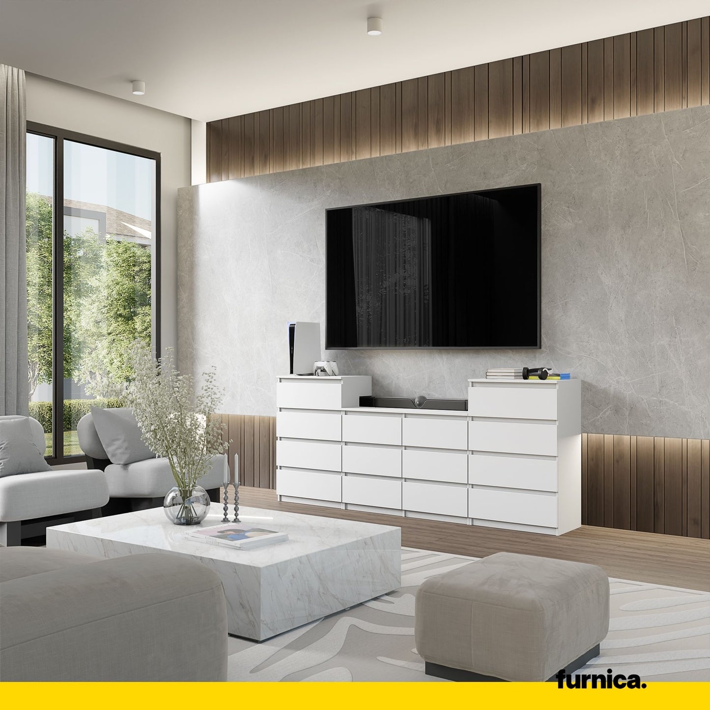 GABRIEL - Kommode / Sideboard mit 14 Schubladen (4+6+4) - Weiß Matt H92/70cm B220cm T33cm