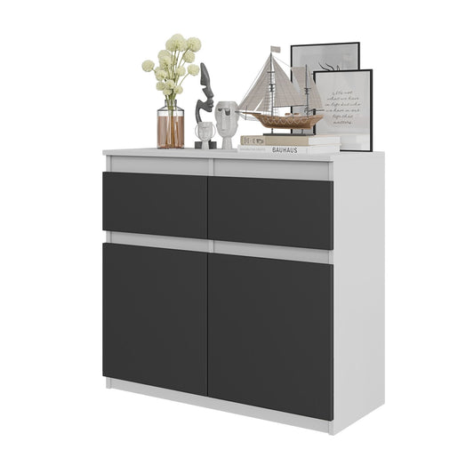 NOAH - Kommode / Sideboard mit 2 Schubladen und 2 Türen - Weiß Matt / Anthrazit Grau H75cm B80cm T35cm