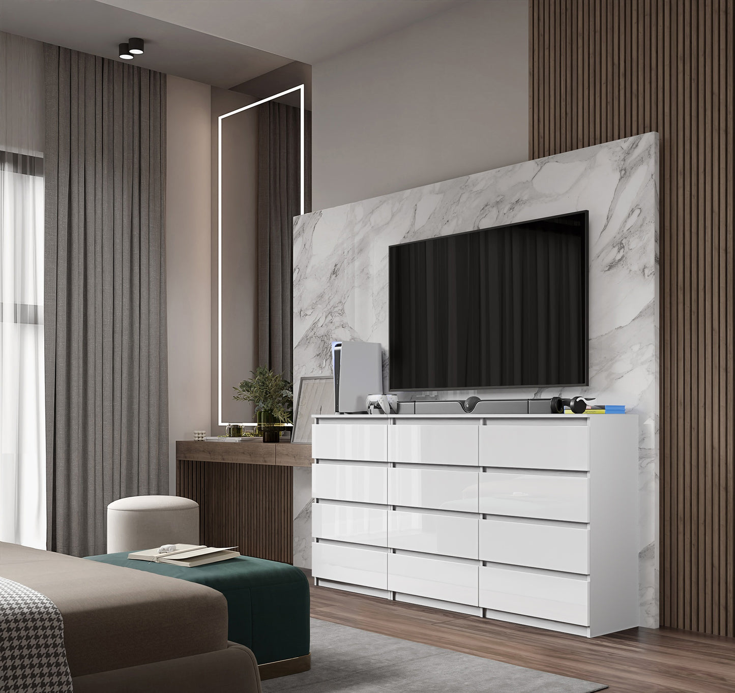 GABRIEL - Kommode / Sideboard mit 12 Schubladen (8+4) - Weißglanz H92cm B180cm T33cm