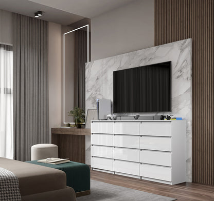 GABRIEL - Kommode / Sideboard mit 12 Schubladen (8+4) - Weißglanz H92cm B180cm T33cm