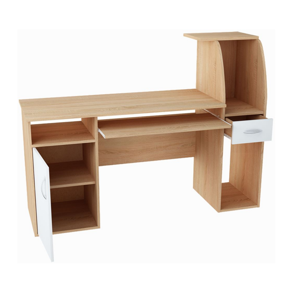 ROBIN - Computertisch mit 1 Schublade und 1 Tür und Tastaturablage - Sonoma Eiche / Weiß Matt H112cm B150cm T50cm