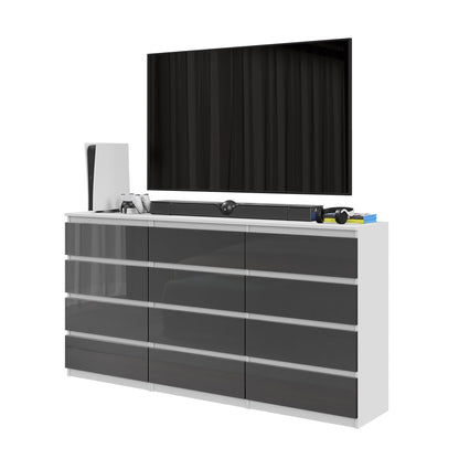 GABRIEL - Kommode / Sideboard mit 12 Schubladen (8+4) - Weiß Matt / Anthrazit Grau Gloss H92cm B180cm T33cm