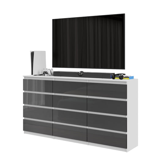 GABRIEL - Kommode / Sideboard mit 12 Schubladen (8+4) - Weiß Matt / Anthrazit Grau Gloss H92cm B180cm T33cm