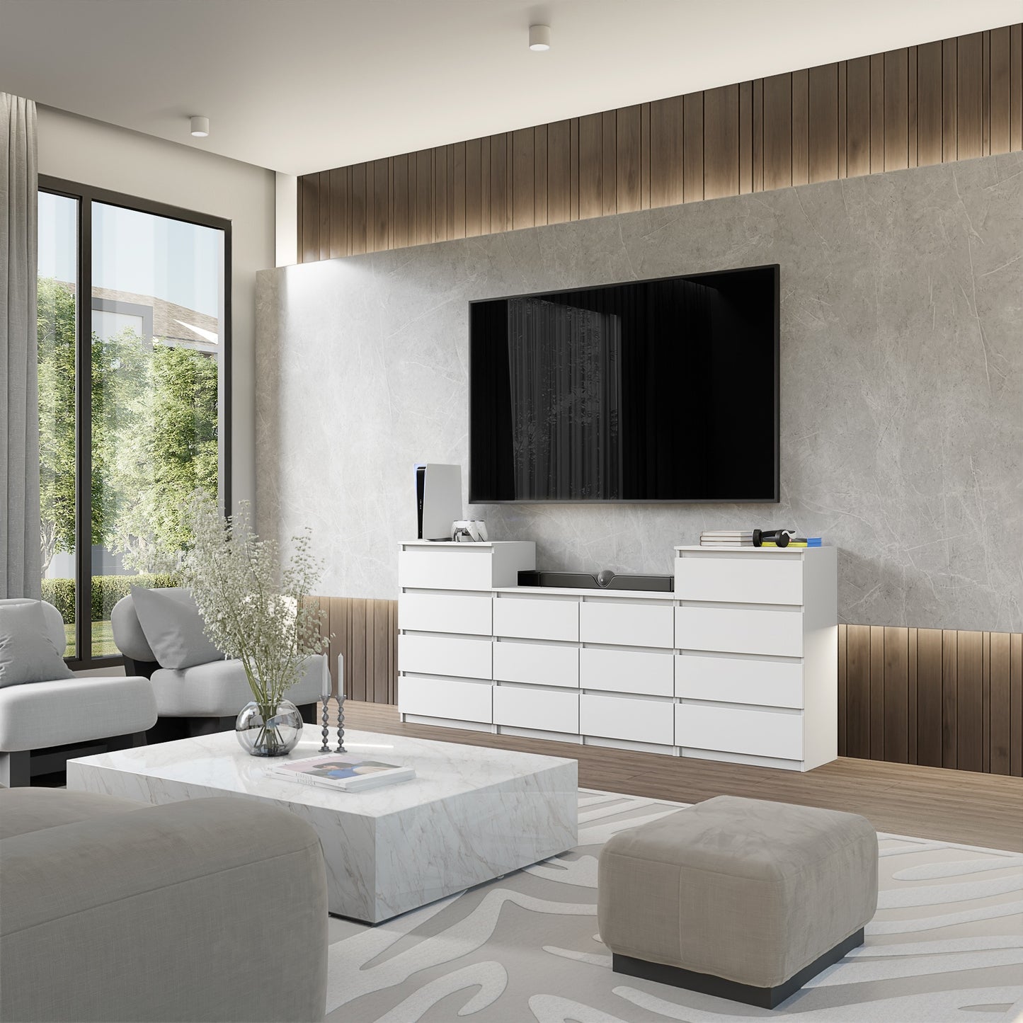 GABRIEL - Kommode / Sideboard mit 14 Schubladen (4+6+4) - Weiß Matt H92/70cm B220cm T33cm