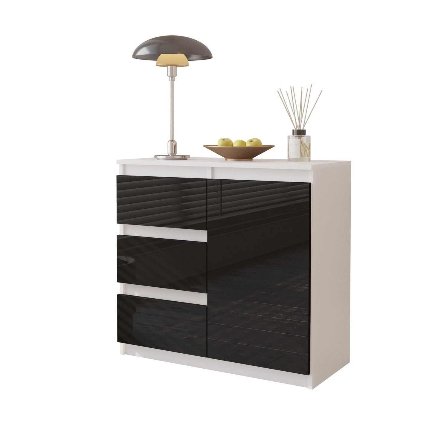 MIKEL - Kommode / Sideboard mit 3 Schubladen und 1 Tür - Weiß Matt / Schwarz Gloss H75cm B80cm T35cm