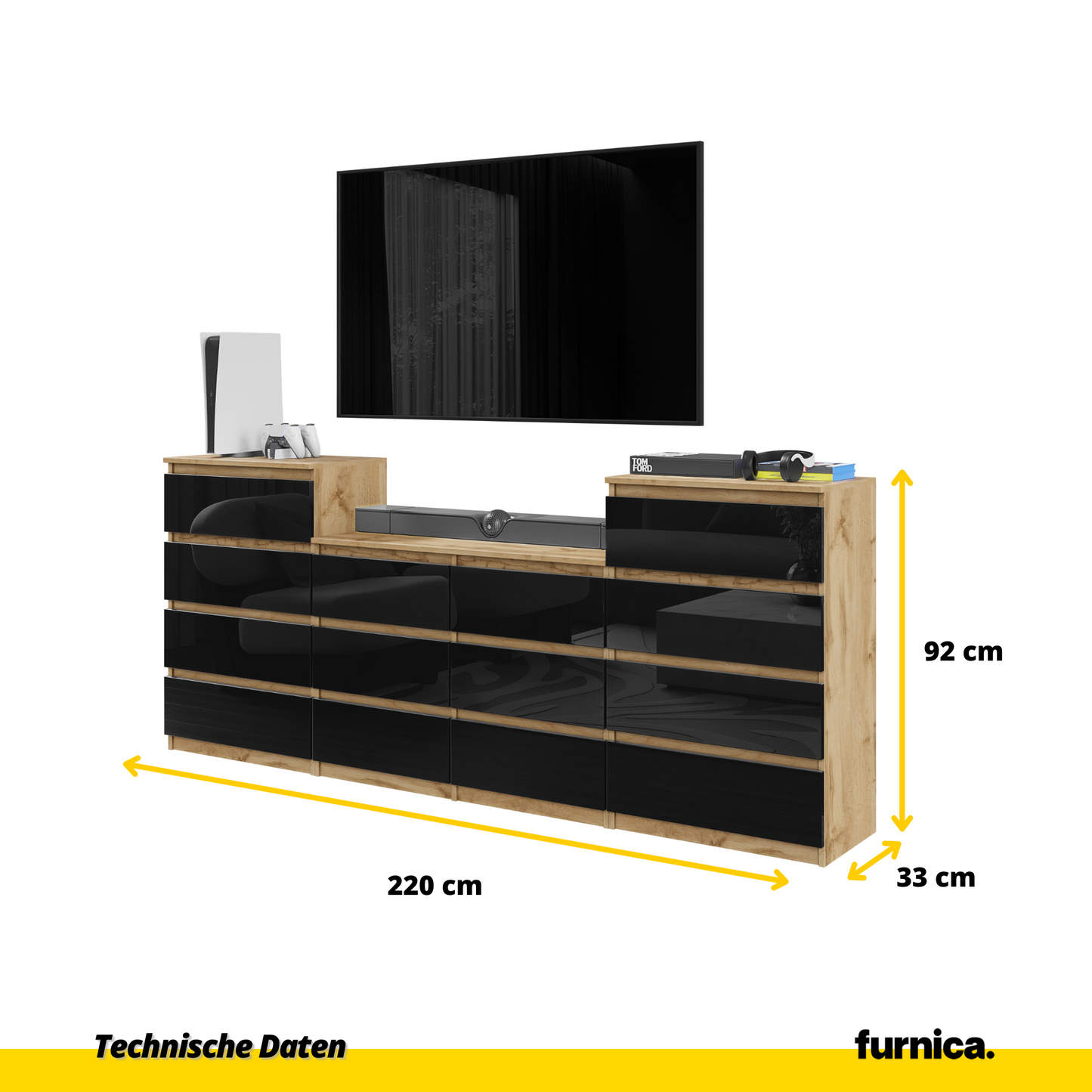 GABRIEL - Kommode / Sideboard mit 14 Schubladen (4+6+4) - Wotan Eiche / Schwarz Gloss H92/70cm B220cm T33cm