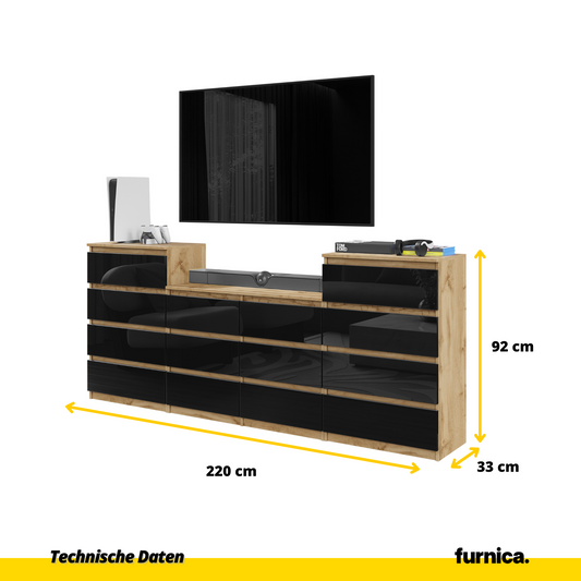 GABRIEL - Kommode / Sideboard mit 14 Schubladen (4+6+4) - Wotan Eiche / Schwarz Gloss H92/70cm B220cm T33cm