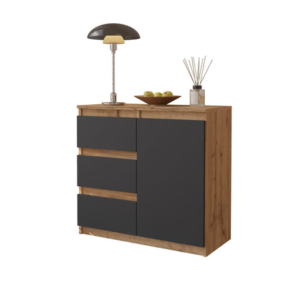 MIKEL - Kommode / Sideboard mit 3 Schubladen und 1 Tür - Wotan Eiche / Anthrazit Grau H75cm B80cm T35cm