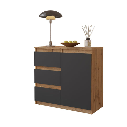 MIKEL - Kommode / Sideboard mit 3 Schubladen und 1 Tür - Wotan Eiche / Anthrazit Grau H75cm B80cm T35cm
