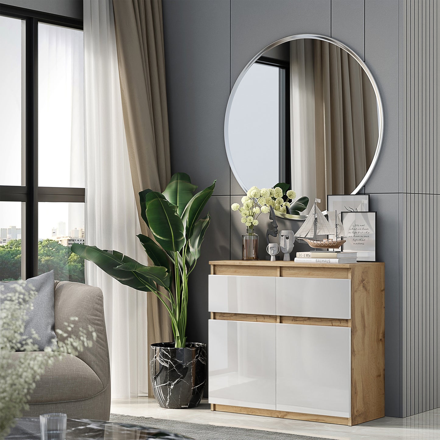 NOAH - Kommode / Sideboard mit 2 Schubladen und 2 Türen - Wotan Eiche / Weiß Gloss H75cm B80cm T35cm