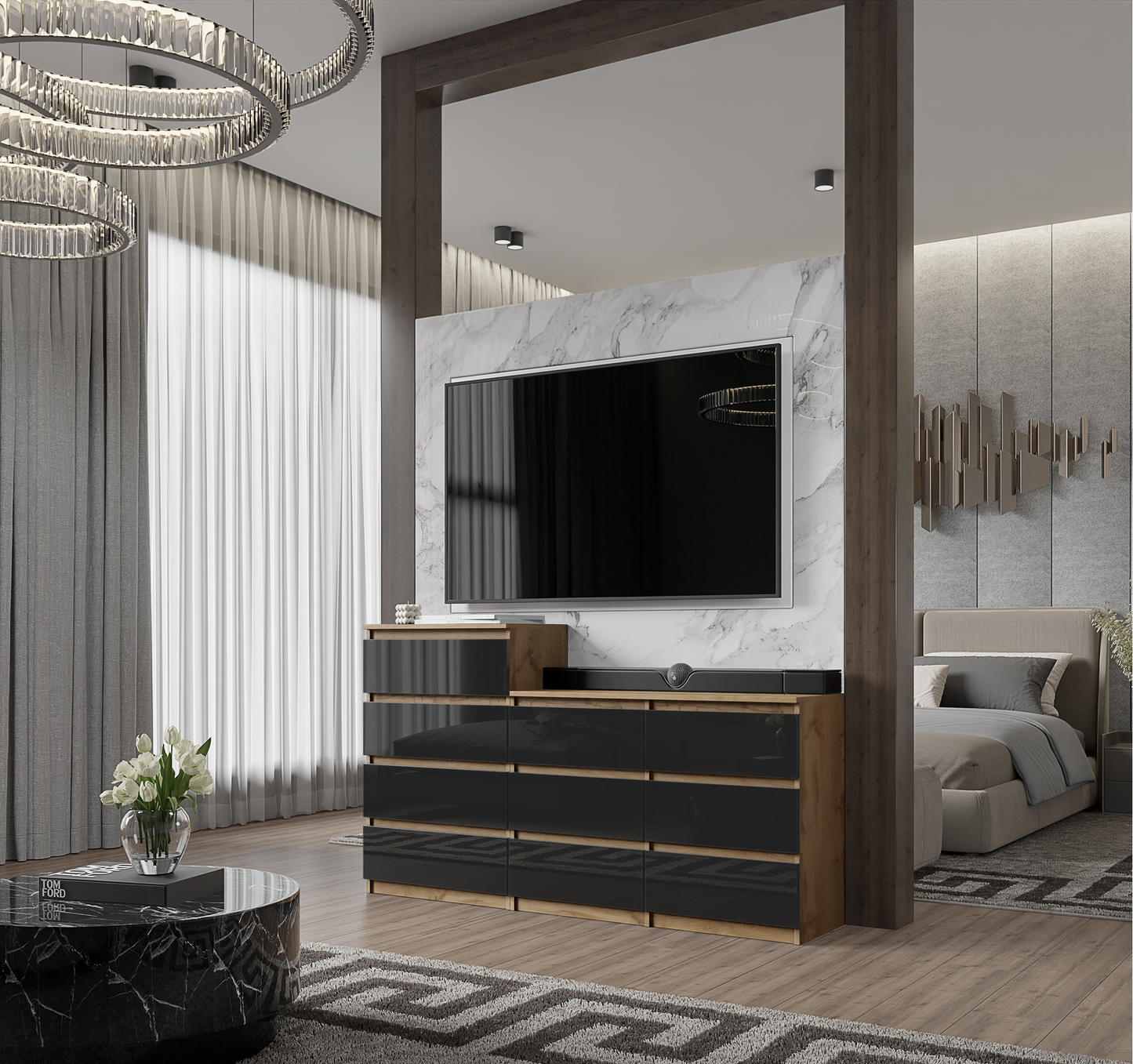GABRIEL - Kommode / Sideboard mit 10 Schubladen (6+4) - Wotan Eiche / Schwarz Gloss H92/70cm B160cm T33cm