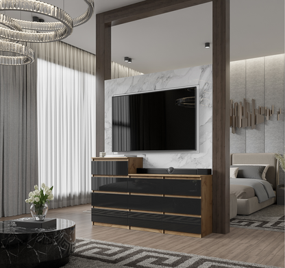 GABRIEL - Kommode / Sideboard mit 10 Schubladen (6+4) - Wotan Eiche / Schwarz Gloss H92/70cm B160cm T33cm