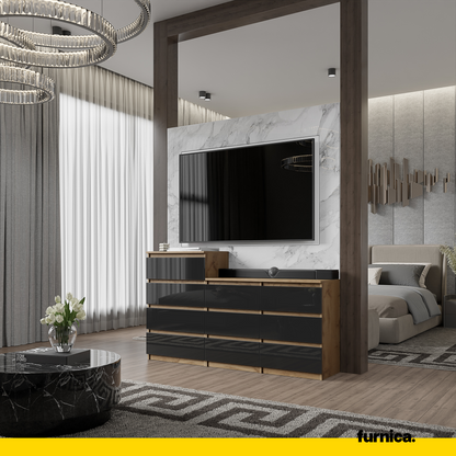 GABRIEL - Kommode / Sideboard mit 10 Schubladen (6+4) - Wotan Eiche / Schwarz Gloss H92/70cm B160cm T33cm