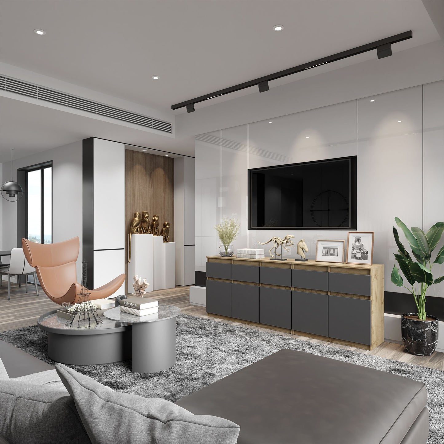 NOAH - Kommode mit 5 Schubladen und 5 Türen - Schlafzimmer Kommode Aufbewahrung Schrank Sideboard - Wotan Eiche / Anthrazit H75cm B200cm T35cm