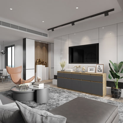 NOAH - Kommode mit 5 Schubladen und 5 Türen - Schlafzimmer Kommode Aufbewahrung Schrank Sideboard - Wotan Eiche / Anthrazit H75cm B200cm T35cm