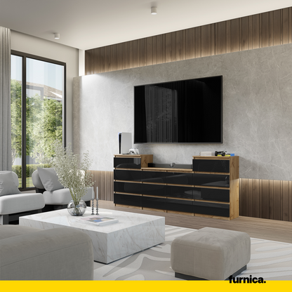 GABRIEL - Kommode / Sideboard mit 14 Schubladen (4+6+4) - Wotan Eiche / Schwarz Gloss H92/70cm B220cm T33cm
