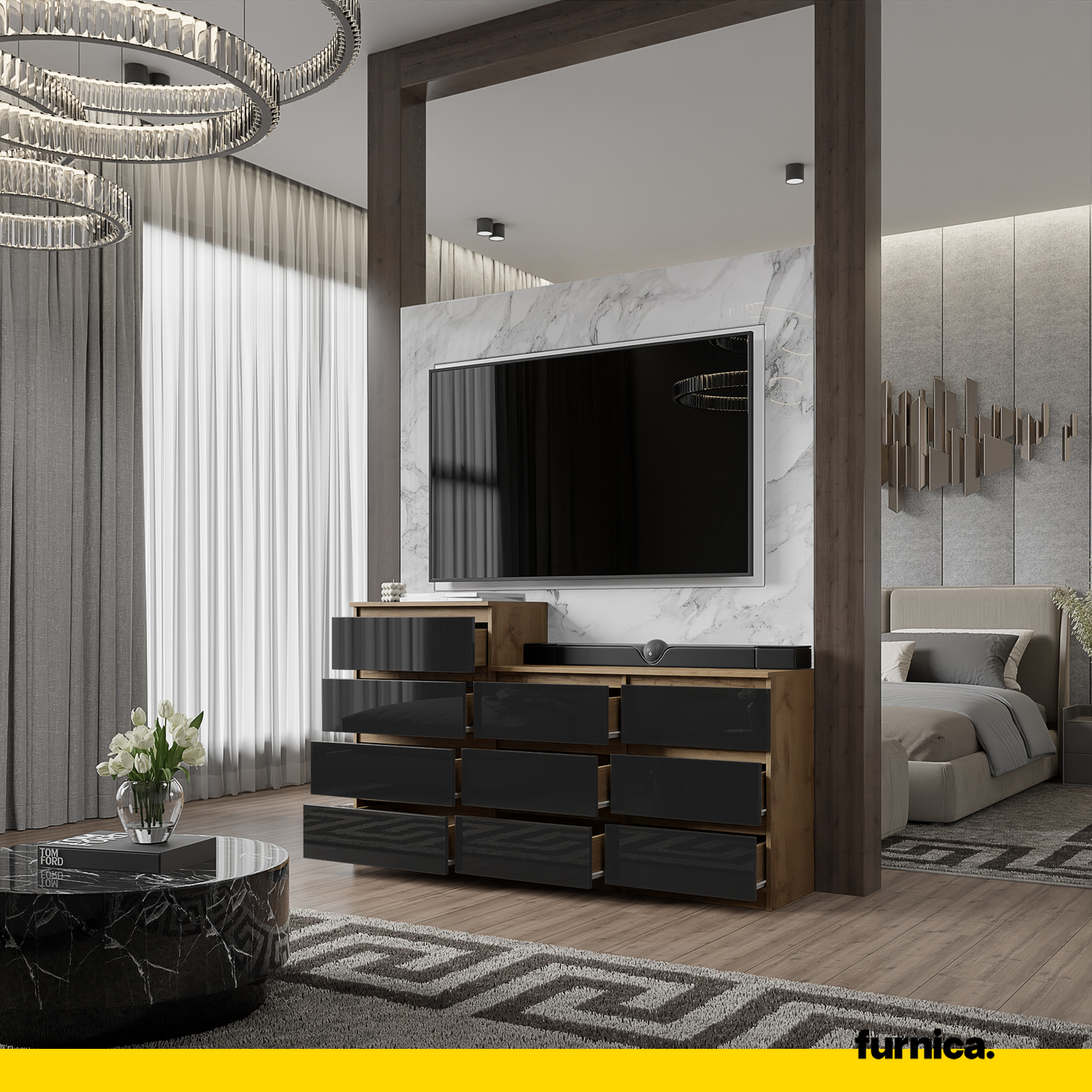 GABRIEL - Kommode / Sideboard mit 10 Schubladen (6+4) - Wotan Eiche / Schwarz Gloss H92/70cm B160cm T33cm