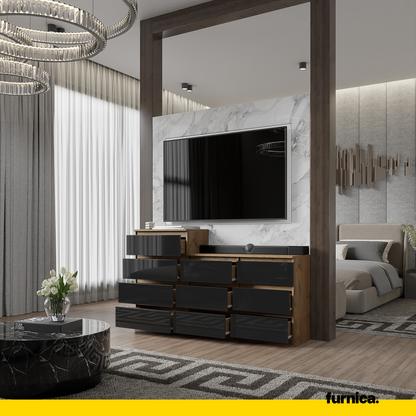 GABRIEL - Kommode / Sideboard mit 10 Schubladen (6+4) - Wotan Eiche / Schwarz Gloss H92/70cm B160cm T33cm