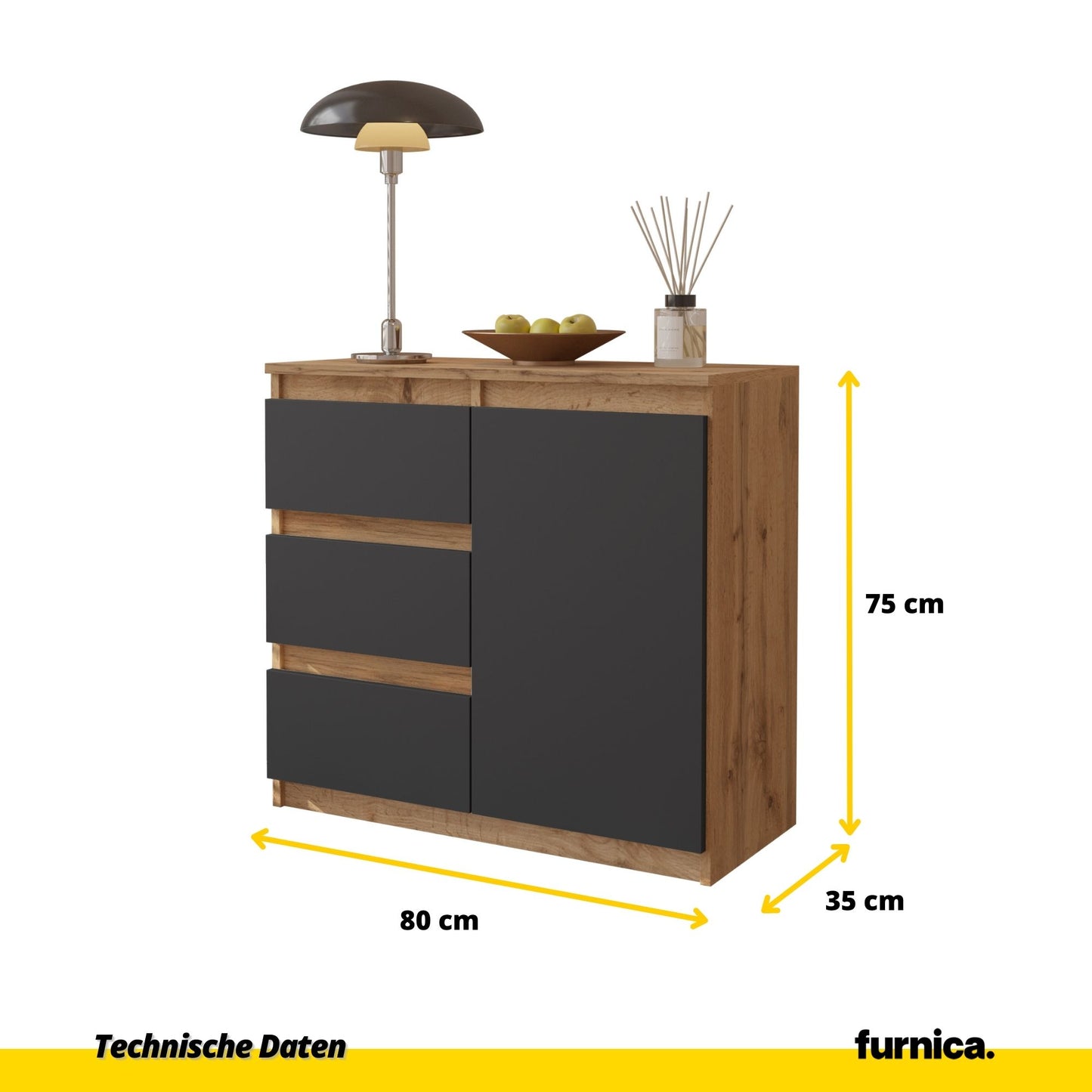 MIKEL - Kommode / Sideboard mit 3 Schubladen und 1 Tür - Wotan Eiche / Anthrazit Grau H75cm B80cm T35cm