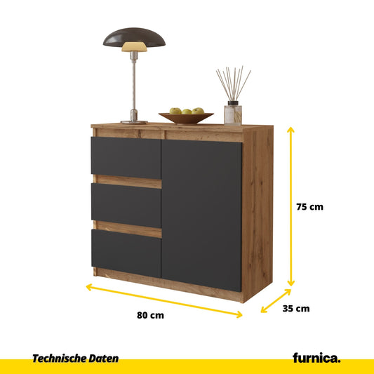MIKEL - Kommode / Sideboard mit 3 Schubladen und 1 Tür - Wotan Eiche / Anthrazit Grau H75cm B80cm T35cm