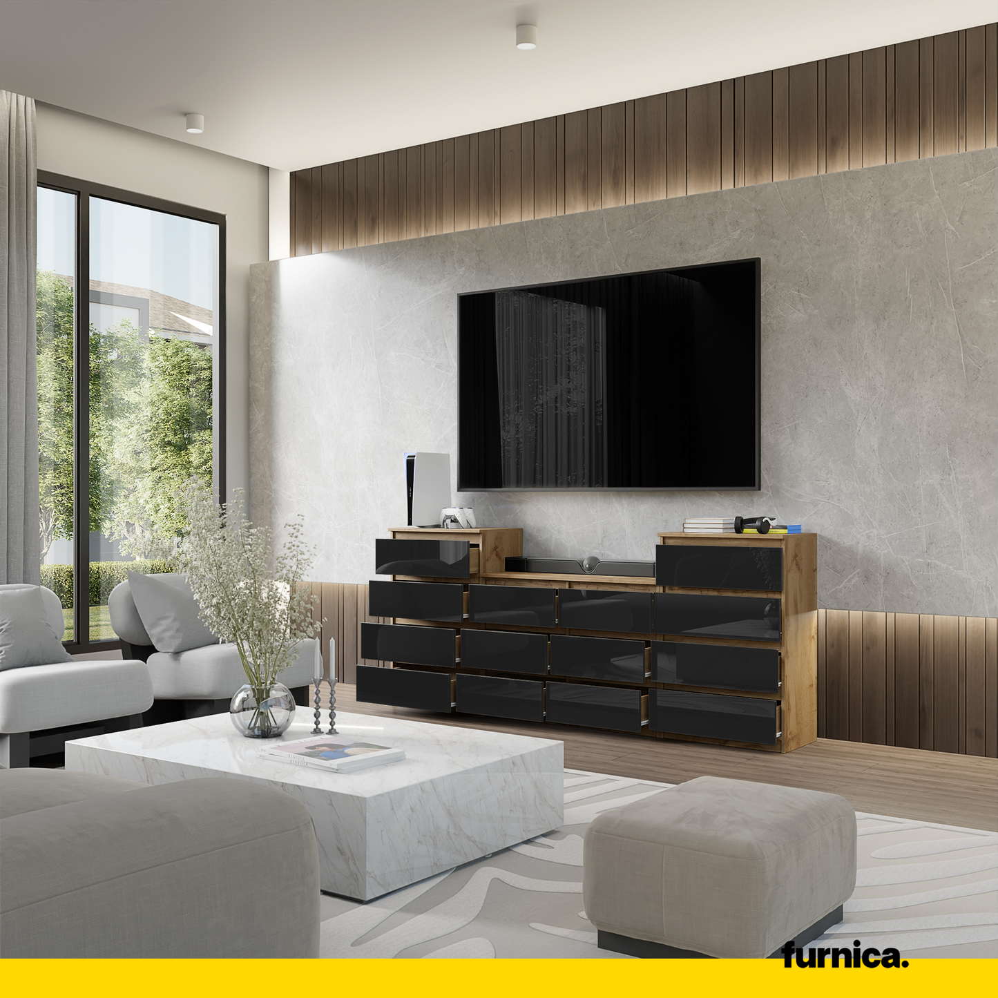 GABRIEL - Kommode / Sideboard mit 14 Schubladen (4+6+4) - Wotan Eiche / Schwarz Gloss H92/70cm B220cm T33cm