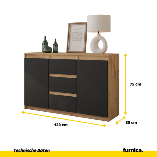 MIKEL - Kommode / Sideboard mit 3 Schubladen und 2 Türen - Wotan Eiche / Anthrazit Grau H75cm B120cm T35cm