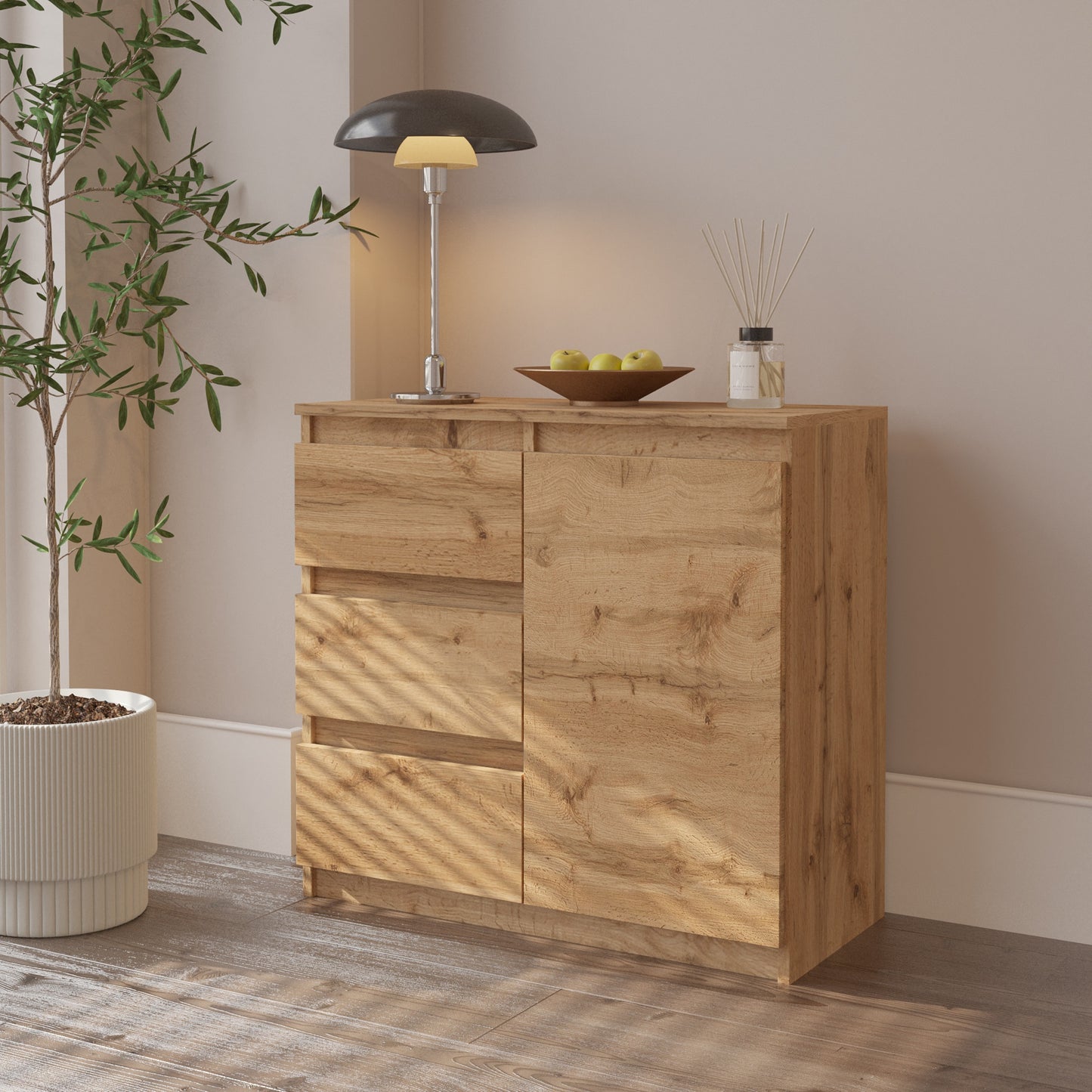 MIKEL - Kommode / Sideboard mit 3 Schubladen und 1 Tür - Wotan Eiche H75cm B80cm T35cm