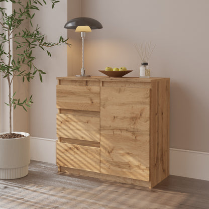 MIKEL - Kommode / Sideboard mit 3 Schubladen und 1 Tür - Wotan Eiche H75cm B80cm T35cm