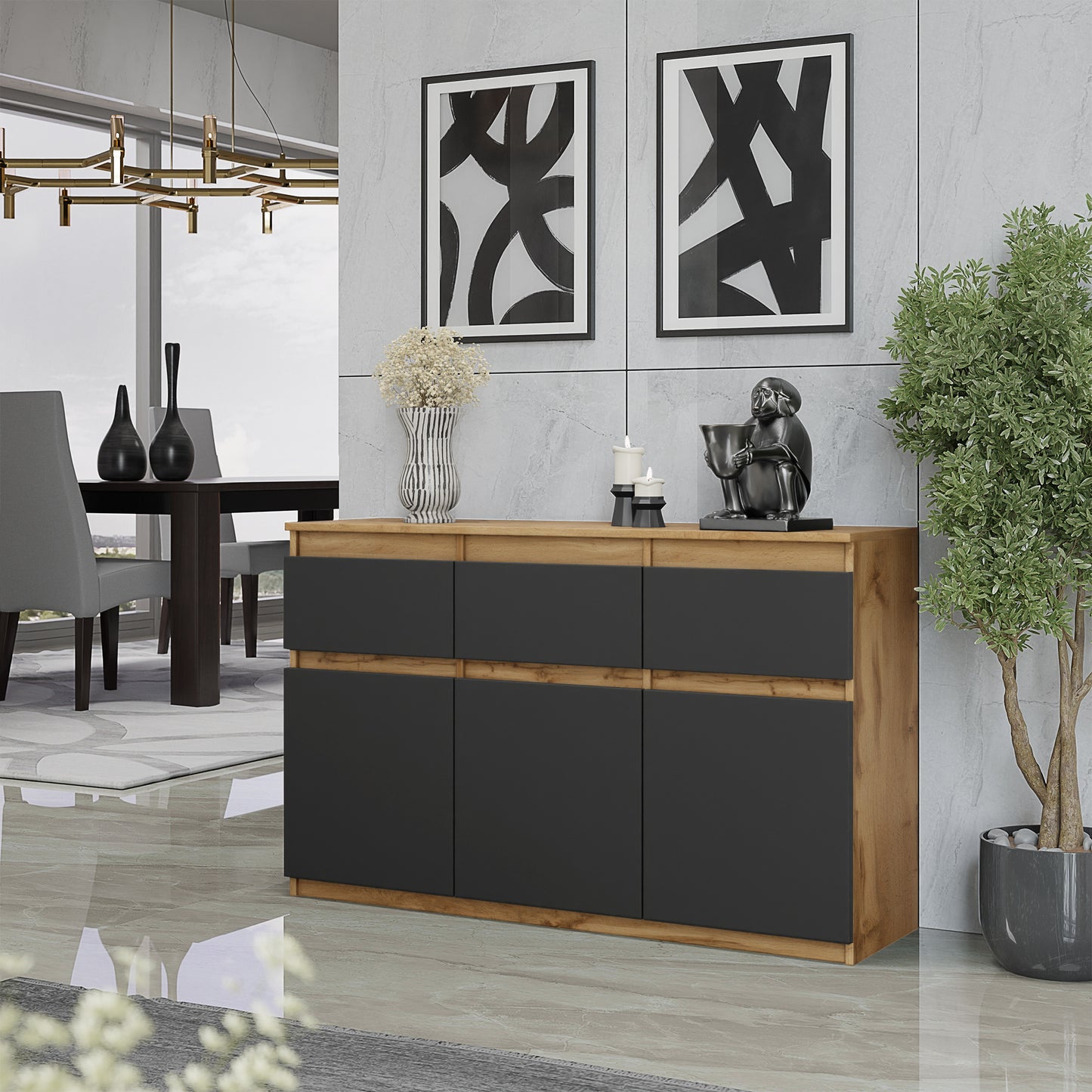 NOAH - Kommode / Sideboard mit 3 Schubladen und 3 Türen - Wotan Eiche / Anthrazit Grau H75cm B120cm T35cm