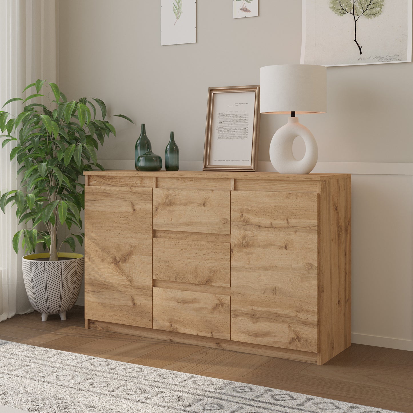 MIKEL - Kommode / Sideboard mit 3 Schubladen und 2 Türen - Wotan Eiche H75cm B120cm T35cm