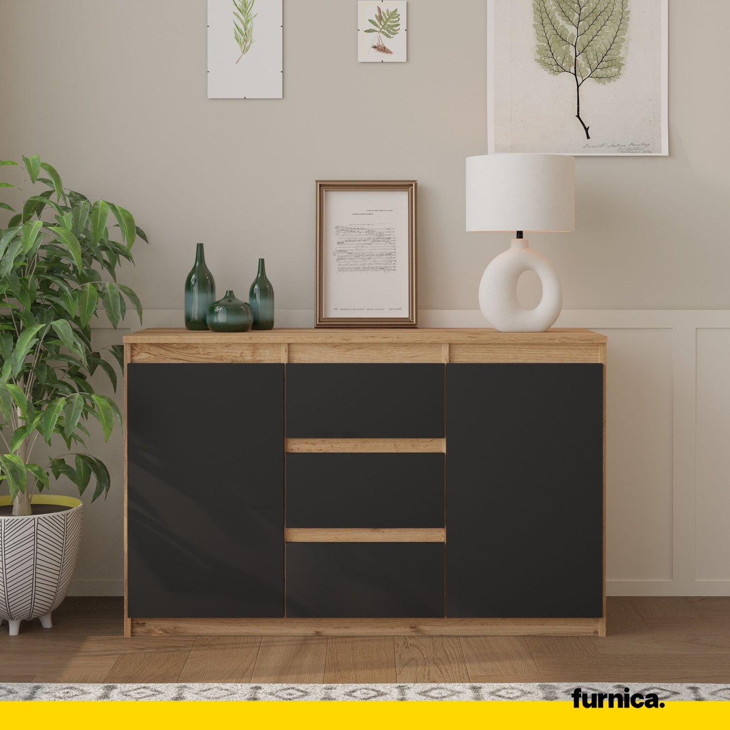 MIKEL - Kommode / Sideboard mit 3 Schubladen und 2 Türen - Wotan Eiche / Anthrazit Grau H75cm B120cm T35cm