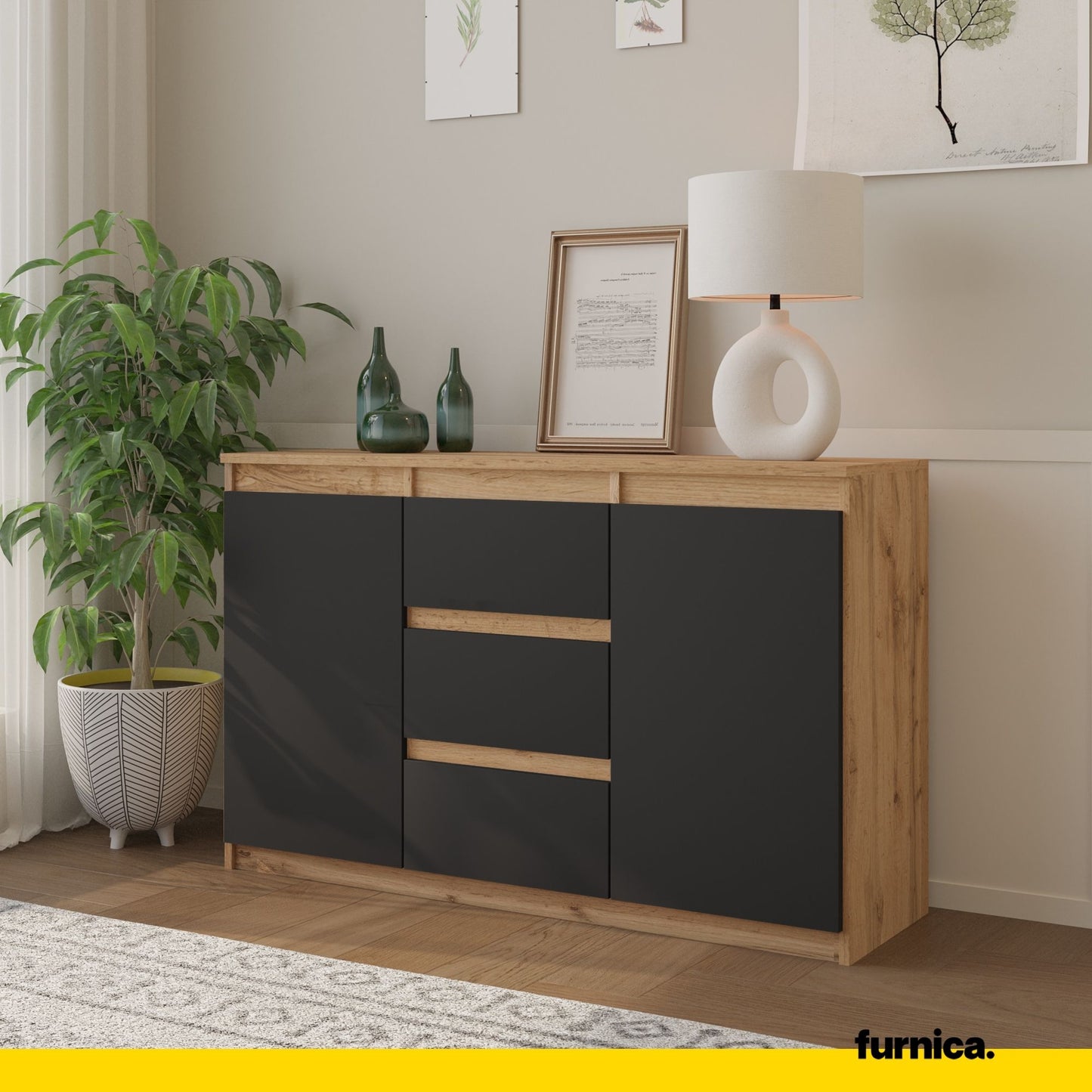 MIKEL - Kommode / Sideboard mit 3 Schubladen und 2 Türen - Wotan Eiche / Anthrazit Grau H75cm B120cm T35cm