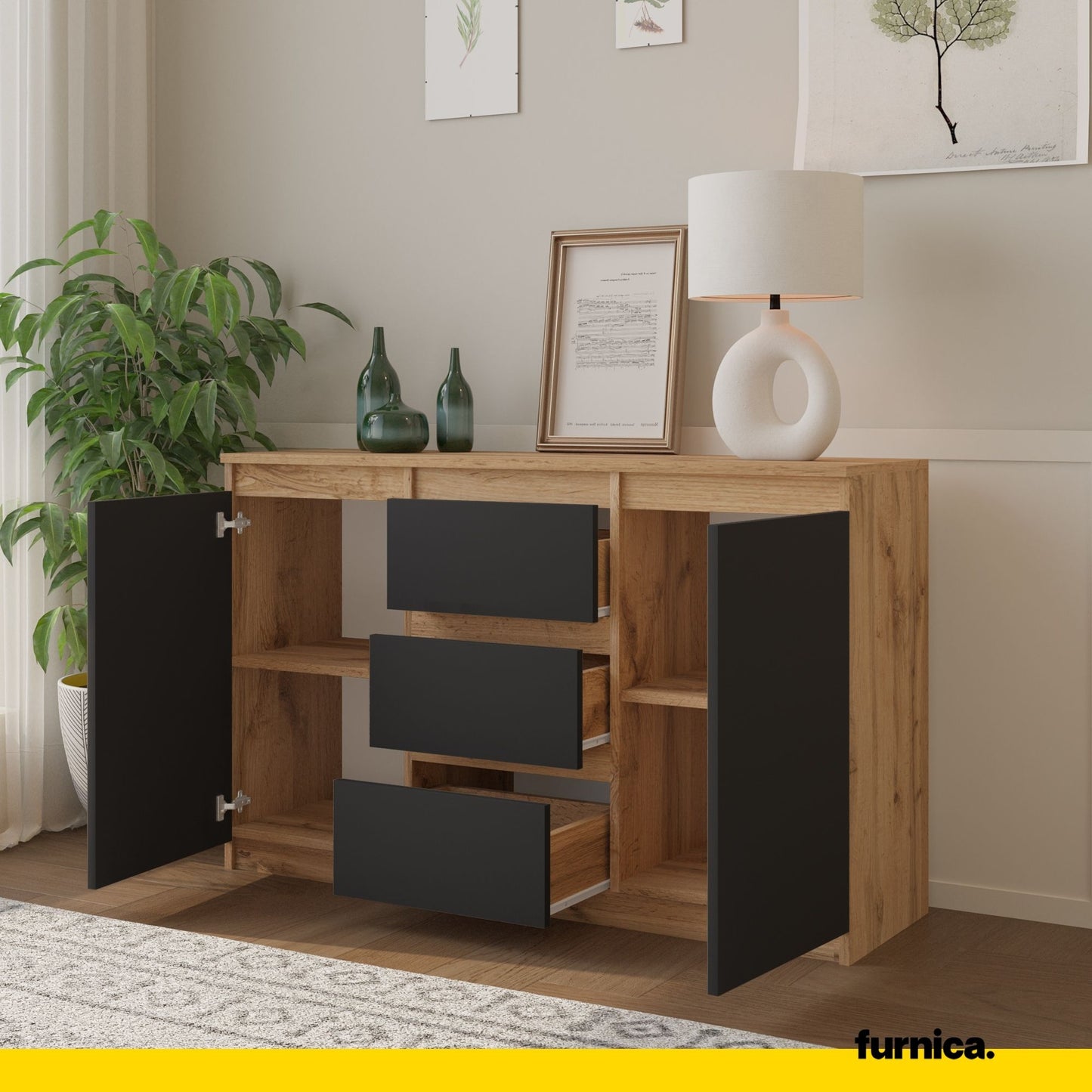 MIKEL - Kommode / Sideboard mit 3 Schubladen und 2 Türen - Wotan Eiche / Anthrazit Grau H75cm B120cm T35cm