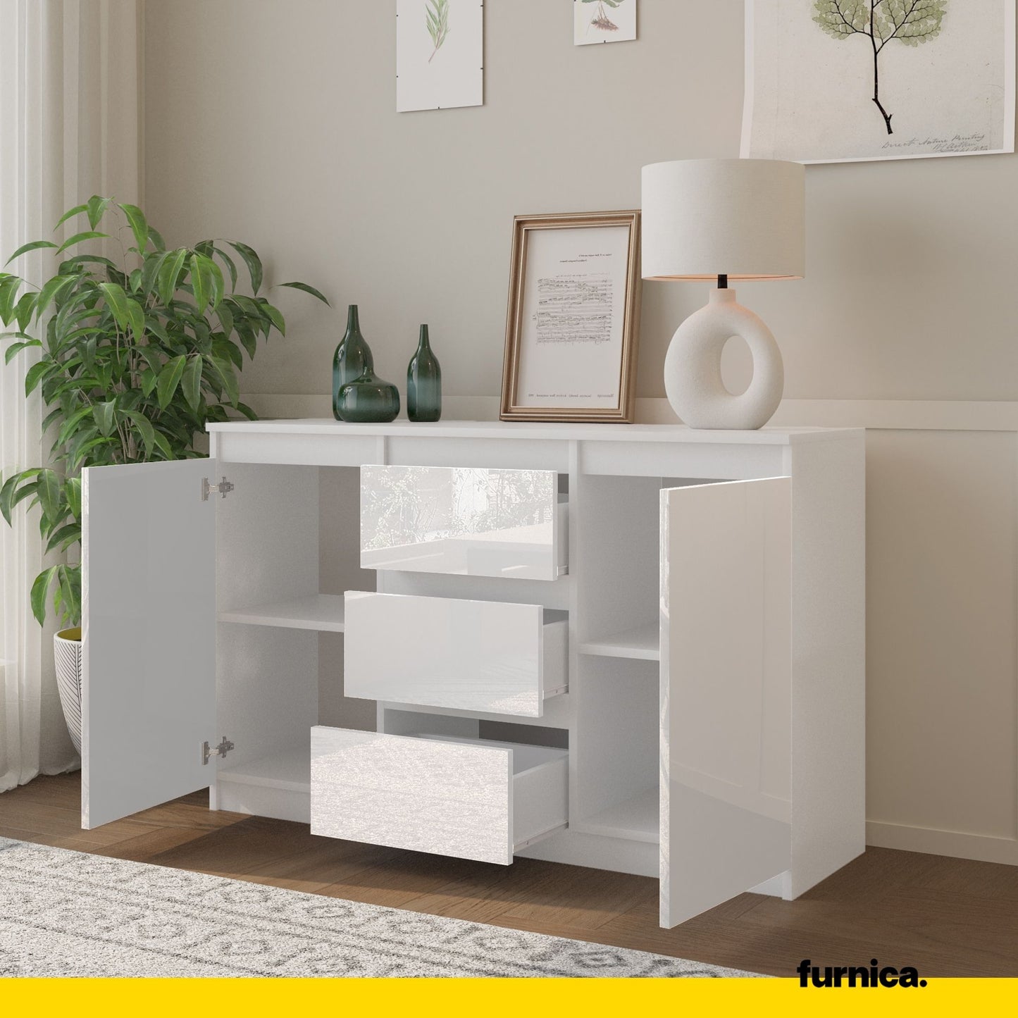 MIKEL - Kommode / Sideboard mit 3 Schubladen und 2 Türen - Weiß Matt / Weiß Gloss H75cm B120cm T35cm