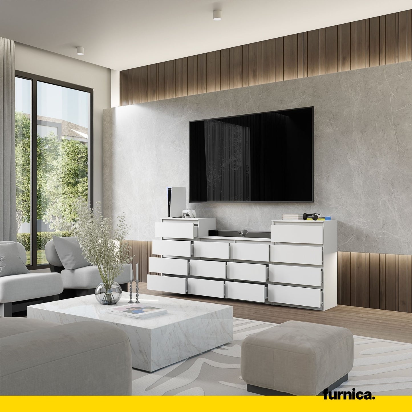 GABRIEL - Kommode / Sideboard mit 14 Schubladen (4+6+4) - Weiß Matt H92/70cm B220cm T33cm