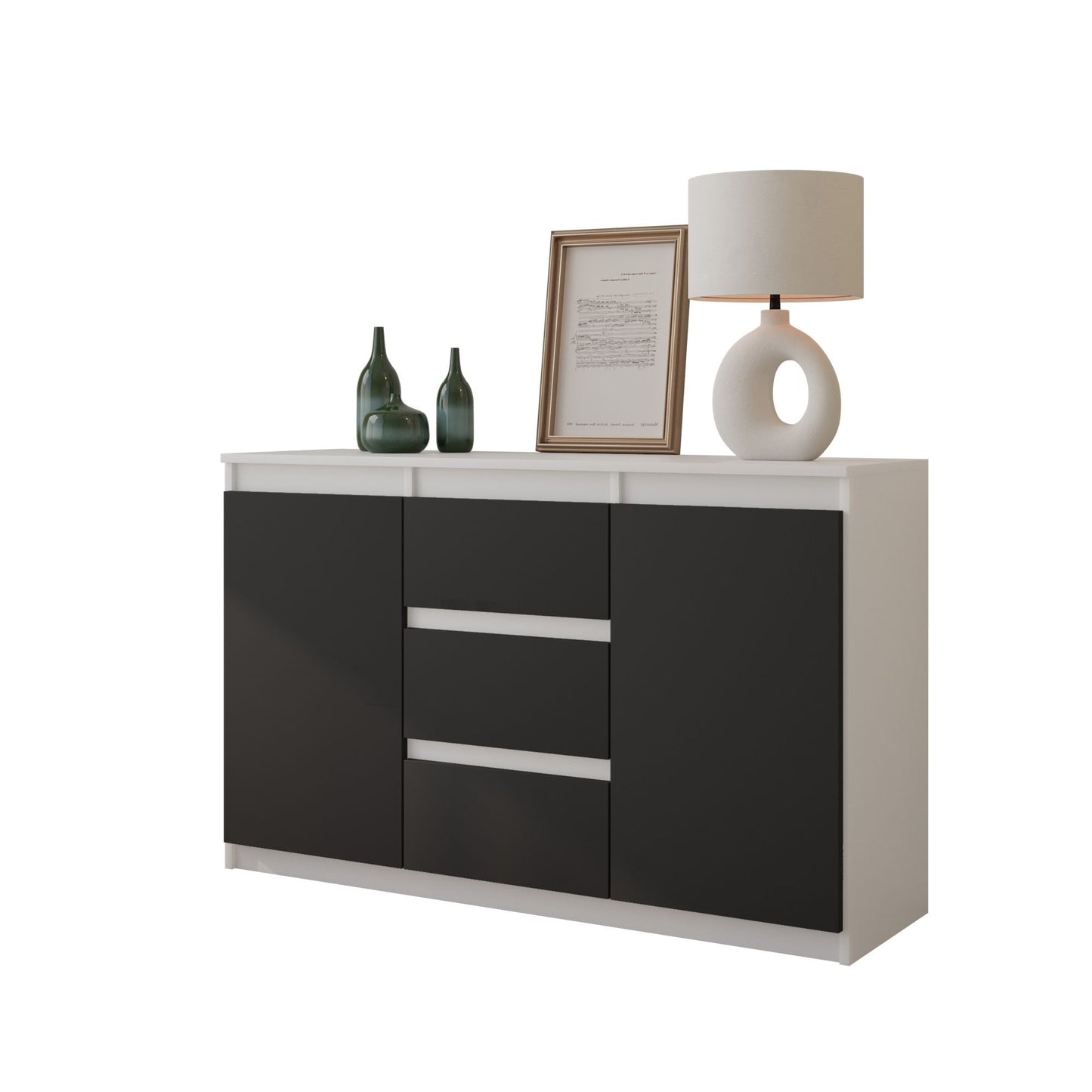 MIKEL - Kommode / Sideboard mit 3 Schubladen und 2 Türen - Weiß Matt / Anthrazit Grau H75cm B120cm T35cm