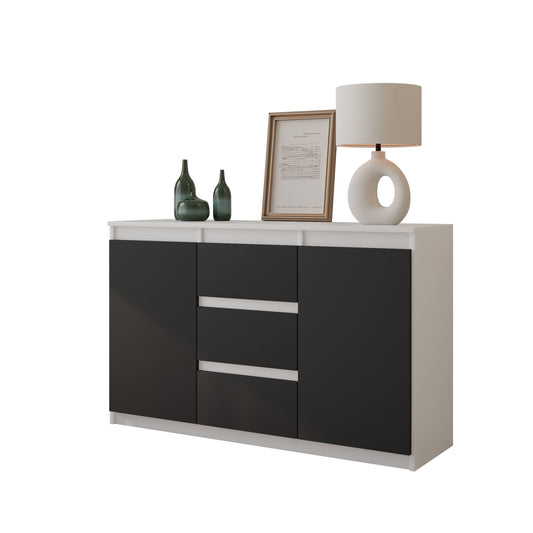 MIKEL - Kommode / Sideboard mit 3 Schubladen und 2 Türen - Weiß Matt / Anthrazit Grau H75cm B120cm T35cm