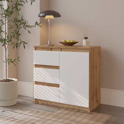 MIKEL - Kommode / Sideboard mit 3 Schubladen und 1 Tür - Wotan Eiche / Weiß Matt H75cm B80cm T35cm