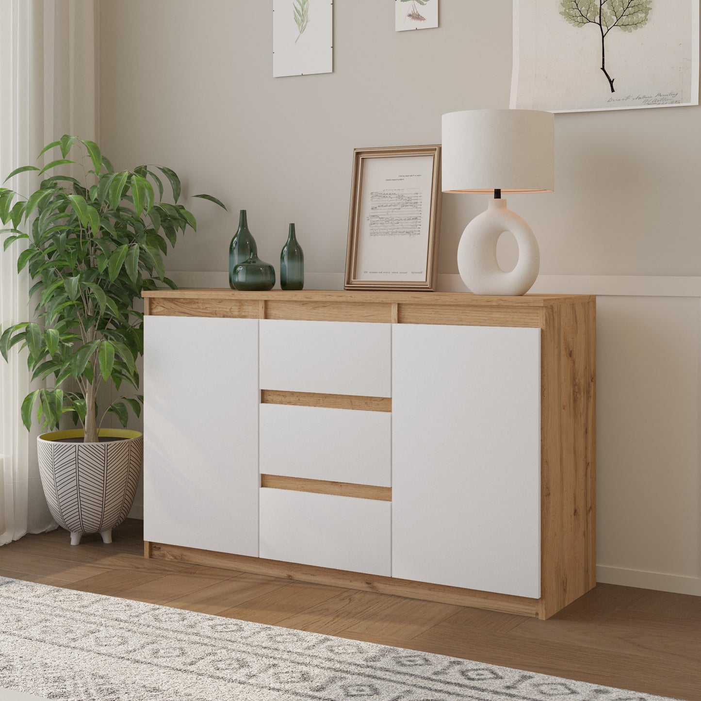 MIKEL - Kommode / Sideboard mit 3 Schubladen und 2 Türen - Wotan Eiche / Weiß Matt H75cm B120cm T35cm