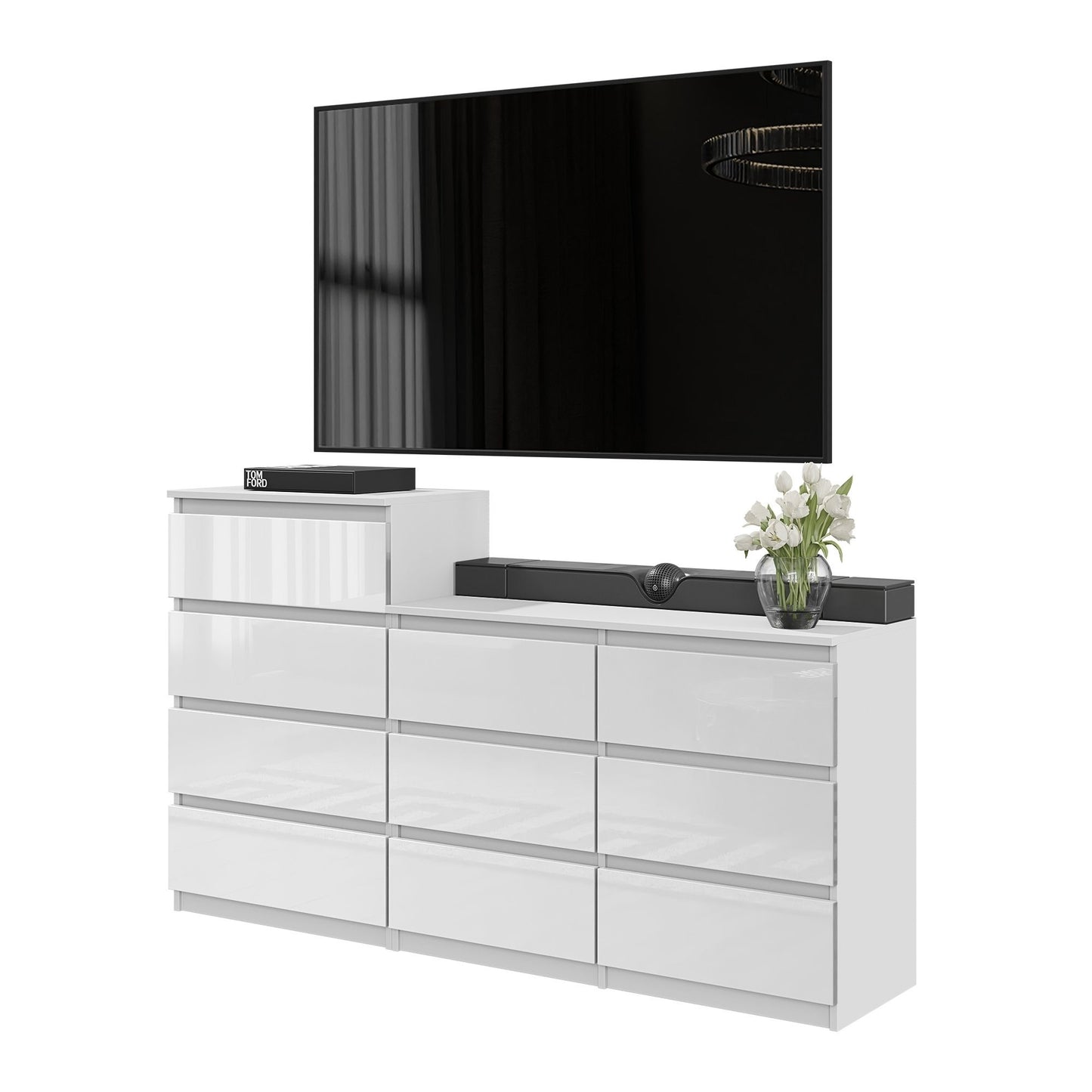 GABRIEL - Kommode / Sideboard mit 10 Schubladen (6+4) - Weiß Gloss H92/70cm B160cm T33cm