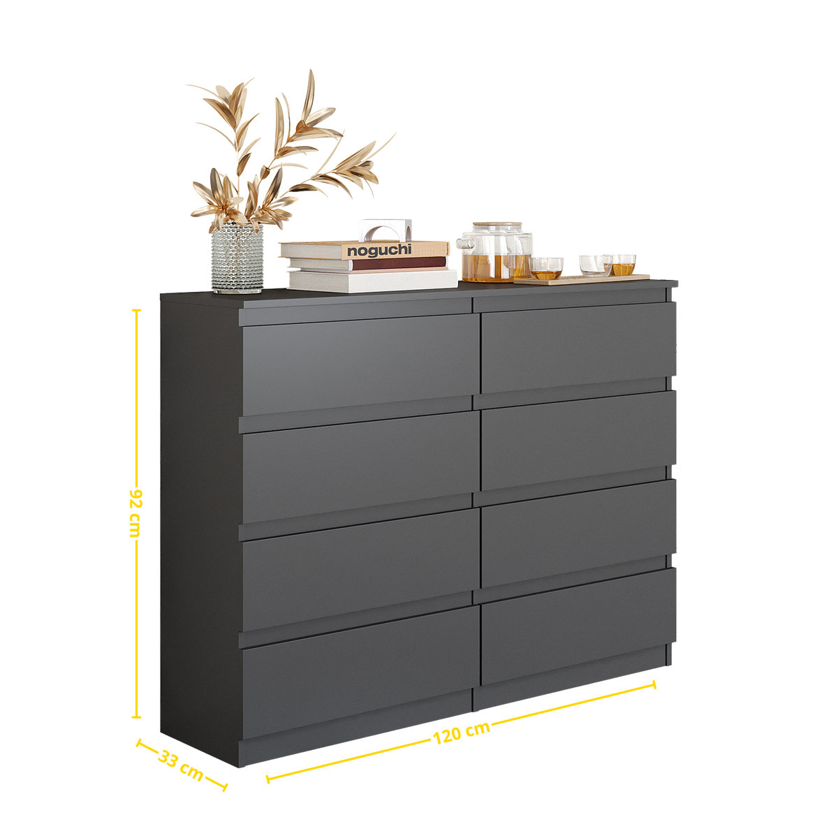Kommode 120 cm GABRIEL, 8 Schubladen, Anthrazit – Furnica