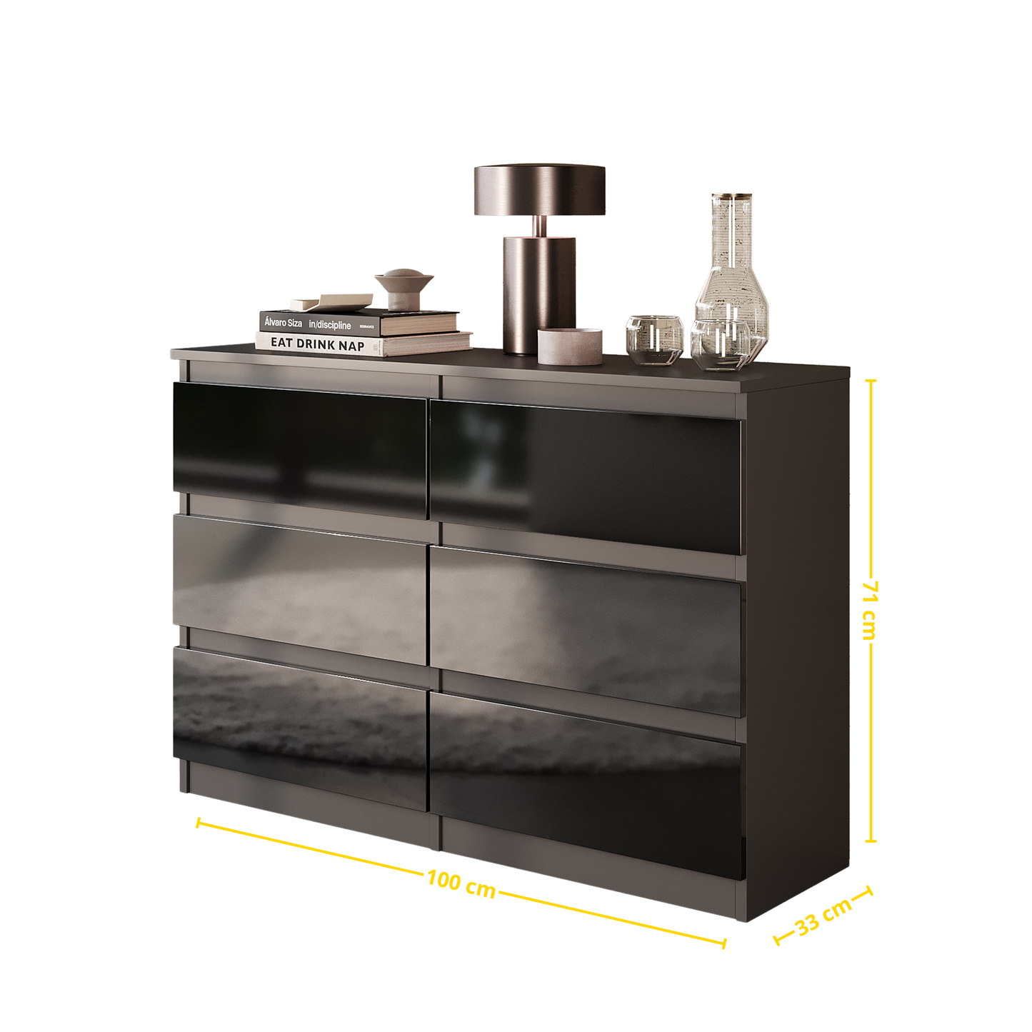 GABRIEL - Kommode / Sideboard mit 6 Schubladen - Anthrazit / Schwarz Gloss H71cm B100cm TD33cm