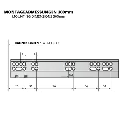 Soft-Close Unterflurführungen Schubladenschienen, Vollauszug 250mm - 600mm